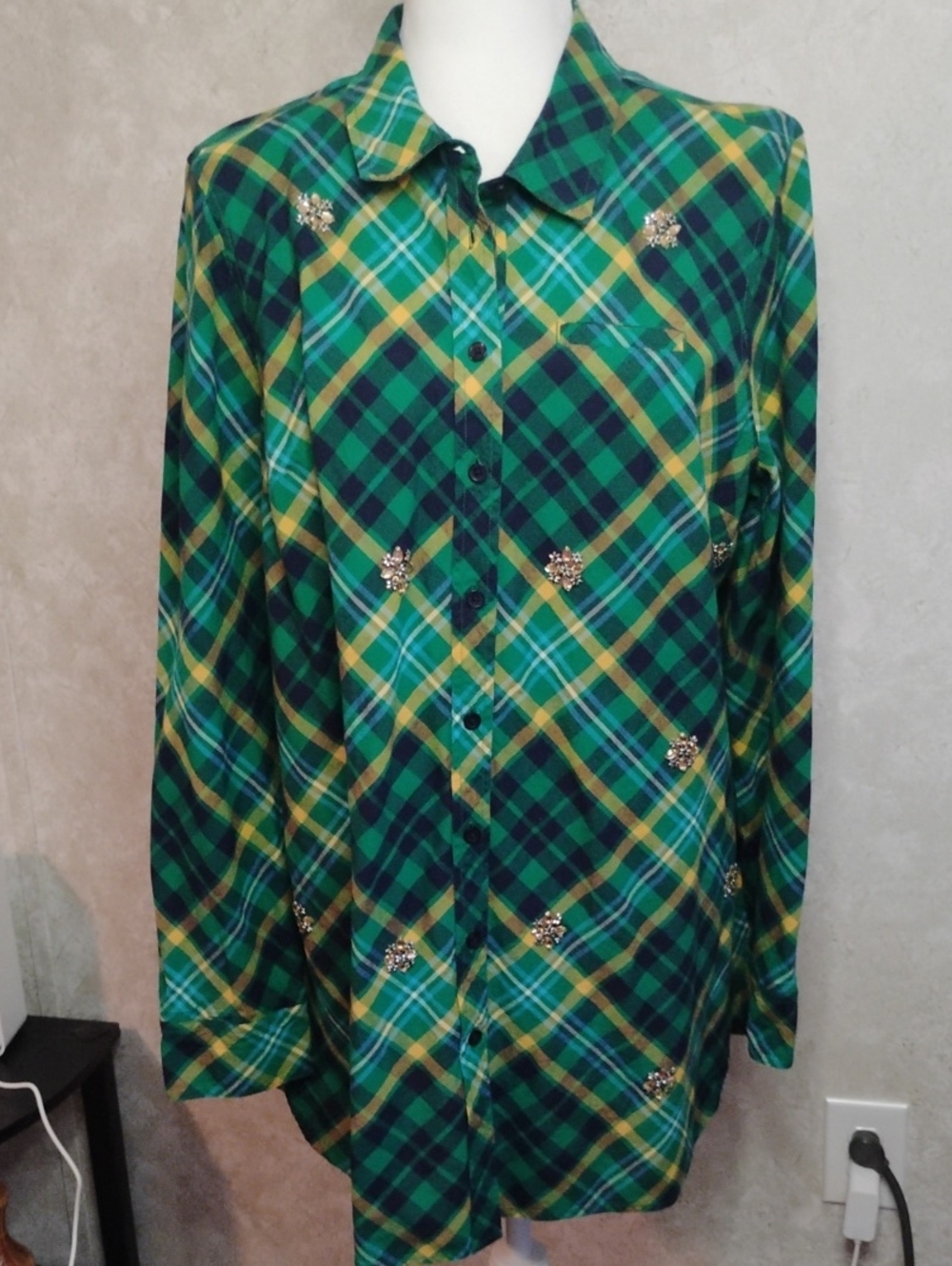 Kim Rogers Green Plaid Button-Down Shirt with Crystal Accents , Size XL